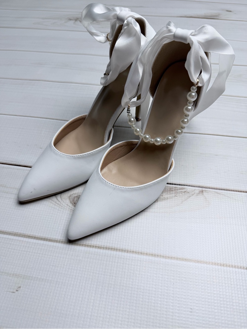 Pointed Toe Bridal Heels with Pearl Ankle Strap & Ribbon Ties - Picture 5 of 8